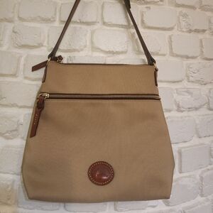 Dooney & Bourke Tan Canvas Leather Straps Trim Shoulder Purse